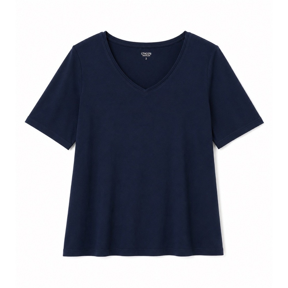 Chicos Womens Navy Blue V Neck Short Sleeve T Shirt True Color Tee Size 2